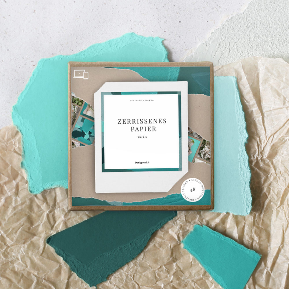 Zerrissenes Papier: Digitale Aufkleber in Türkis